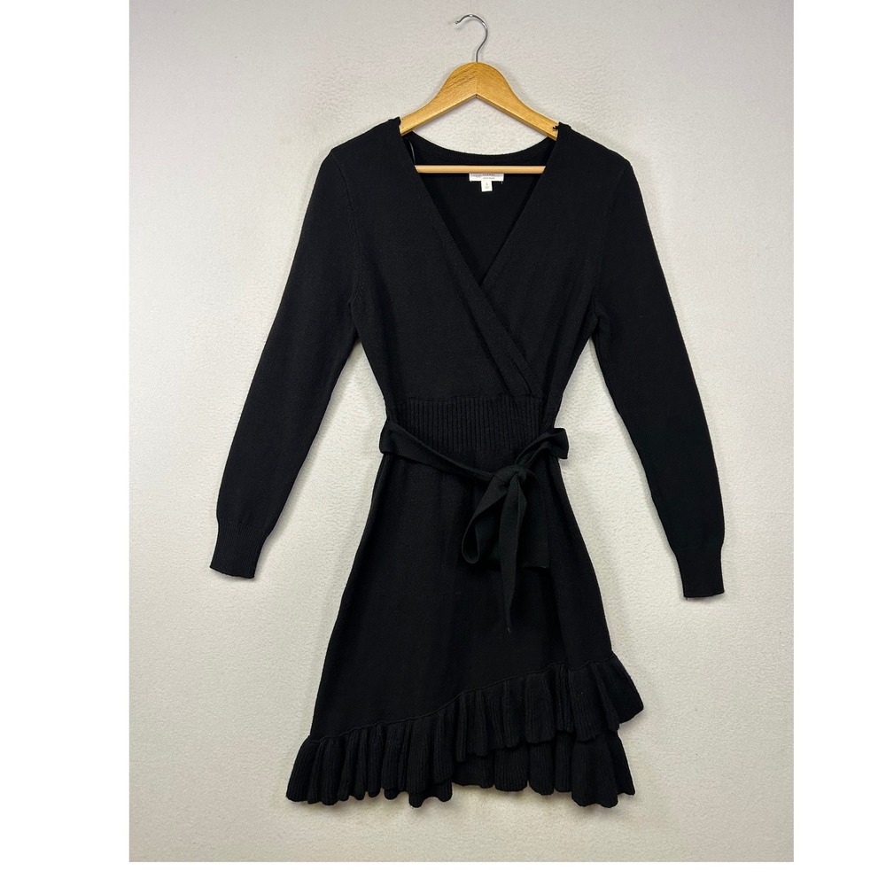 Classic Coquette LC Lauren Conrad Women S Black Ruffle Hem Faux Wrap Knit Dress